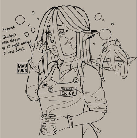 Erica is a potions master at The Eternal Star. She frequently stays up late crafting new potions and brews and is frequently seen with her mug of coffee and spectral friend in the steam. On the right is a chibi version of them that just looks too tired.