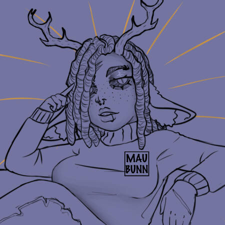 An initial draft sketch of Daniel Lovegood. She's sitting on a couch with her index finder pointed to her temple (I was thinking THINK MARK from Invincible but a bit on the cockier side). She's a fey tiefling as seen by her antler like horns and soft fluff