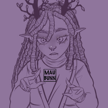 Initial sketch of Claudia Lovegood - sibling of Daniel Lovegood and also a fey tiefling. She's standing with her hands outreached in a 'mystic' way and her eyes focused on you as she's seeing something in you that you're unaware of. Her horns are similar t