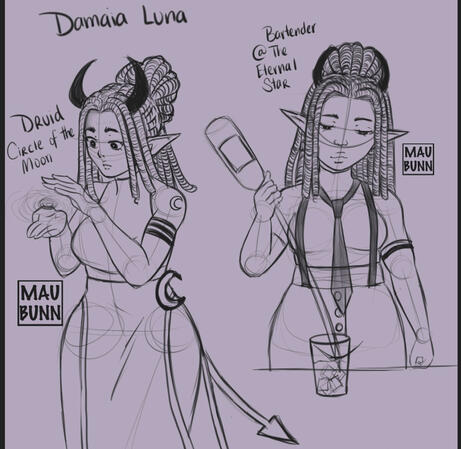 A Mephistopheles Tiefling Druid (Circle of the Moon). She's seen practicing magic in her druid robes on the left. On the right, she's seen pouring out drinks as a bartender at The Eternal Star